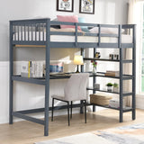KINFFICT Loft Bed Full Size with Desk and Shelves, Heavy Duty Full Loft Bed Frame with Bookcase Storage, Solid Wood Lofted Bed Frame, Space-Saving, Noise Free, No Box Spring Needed KINFFICT