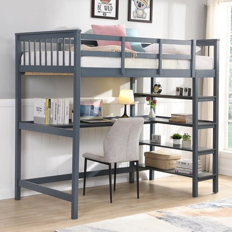 KINFFICT Loft Bed Full Size with Desk and Shelves, Heavy Duty Full Loft Bed Frame with Bookcase Storage, Solid Wood Lofted Bed Frame, Space-Saving, Noise Free, No Box Spring Needed KINFFICT