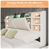 AMERLIFE King Size Storage Bed Frame with 4 Drawers, Padded Upholstered Bed with 47.2" Bookcase Headboard, Wooden Platform Bed with Charging Station/No Box Spring Needed/Rustic White AMERLIFE
