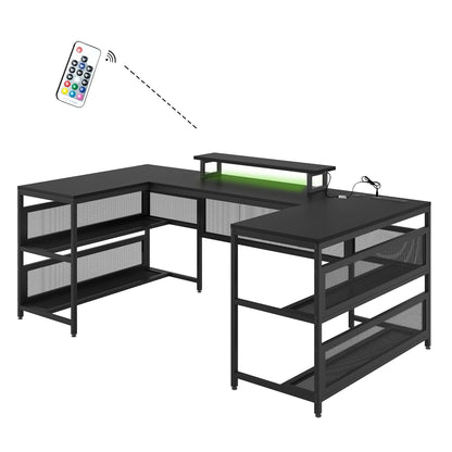 CToN U Shaped Desk, Sturdy Computer Desk with Monitor Stand and Smart LED Strip Lights, Reversible L Shaped Gaming Desk with Power Outlet and Storage Shelves, Black (82'' x 43") - WoodArtSupply