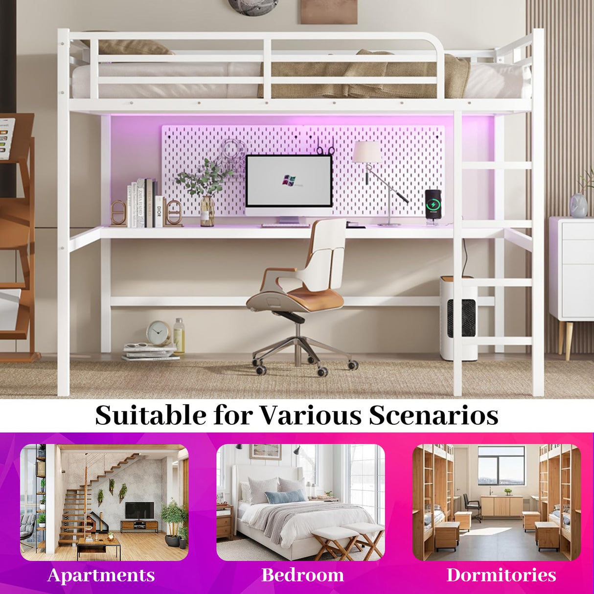 Sailret Metal Loft Bed Frame with Desk, Power Outlet & USB Charging, LED Lights, Noise-Free Sturdy High Loft Dorm Bed with Guardrails & Ladder, Space-Saving Design -Queen, White Sailret