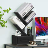 SHEEPAM 4-Tier Classic Black Tree Bookshelf with Drawer – Modern Wooden Desktop Bookcase for Organising Books and Collectibles SHEEPAM