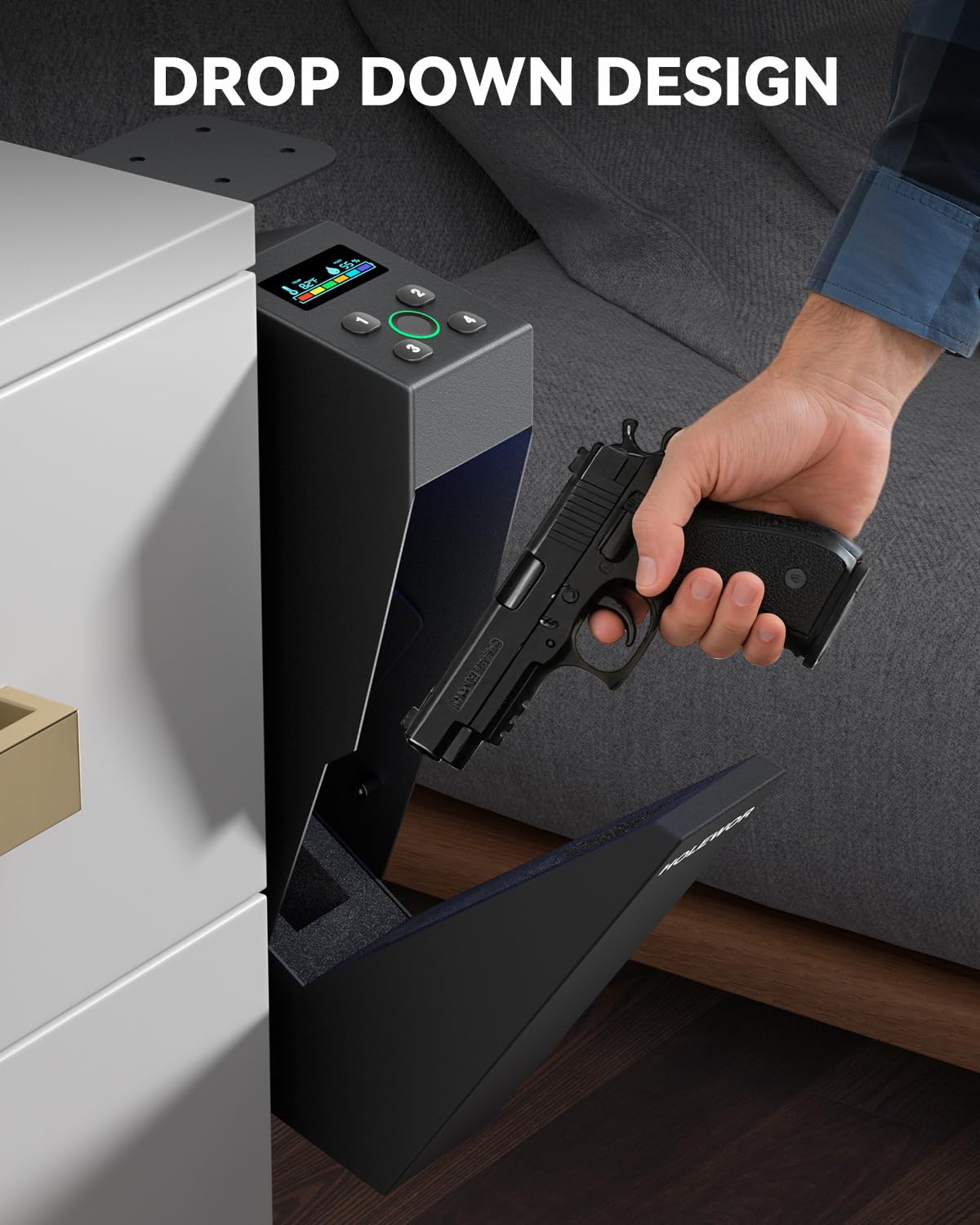 Gun Safe Biometric Pistol Safe Fingerprint Drop Down Mount Handgun Safe Under Table for Desk Bedside Nightstand HOLEWOR