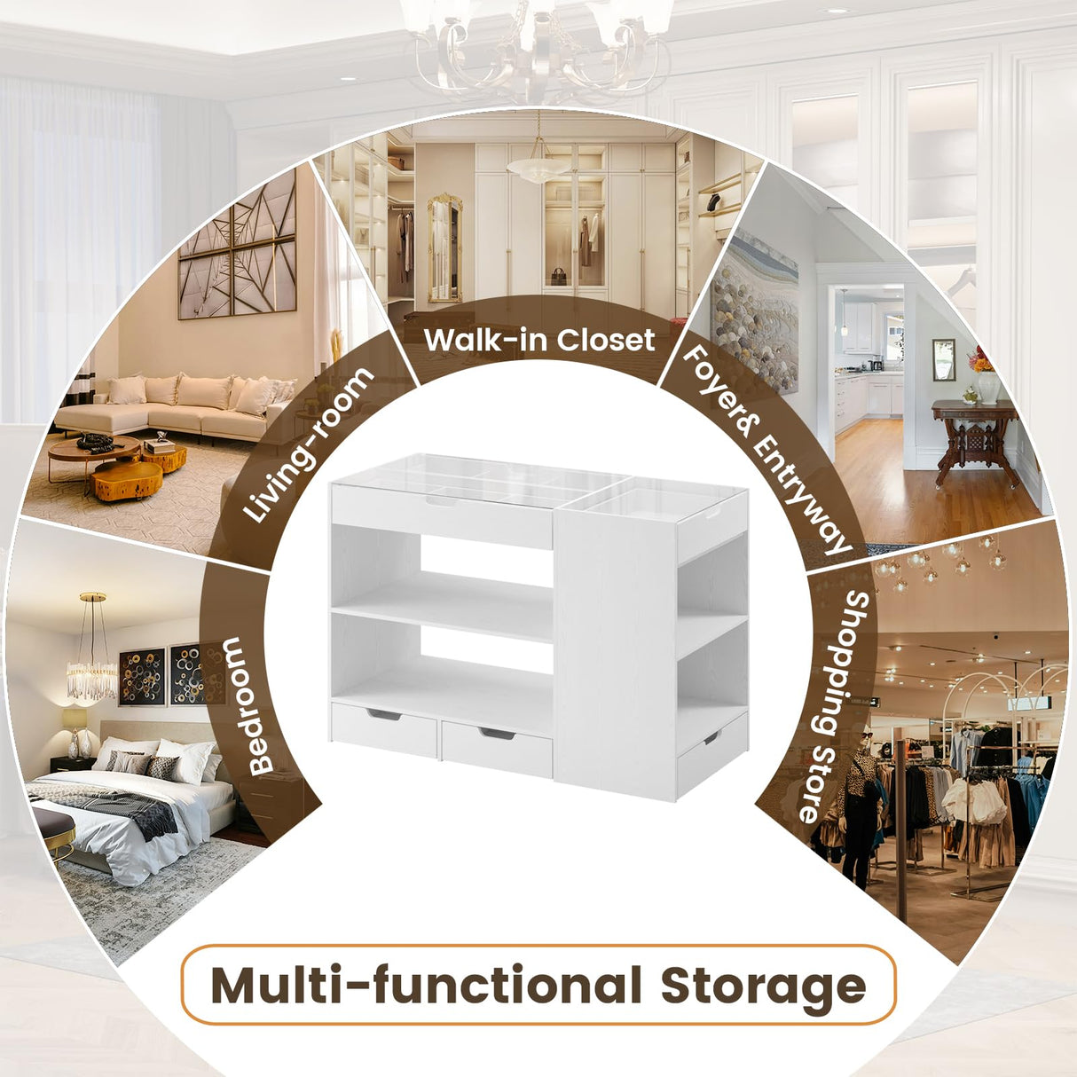 ANCTOR Bedroom Island, 47.4”W Wardrobe Closet Armoire Island with 8 Drawers Glass Top, Jewelry Center Island for Walk in Closet, Dresser for Bedroom Cloakroom Store, White ANCTOR