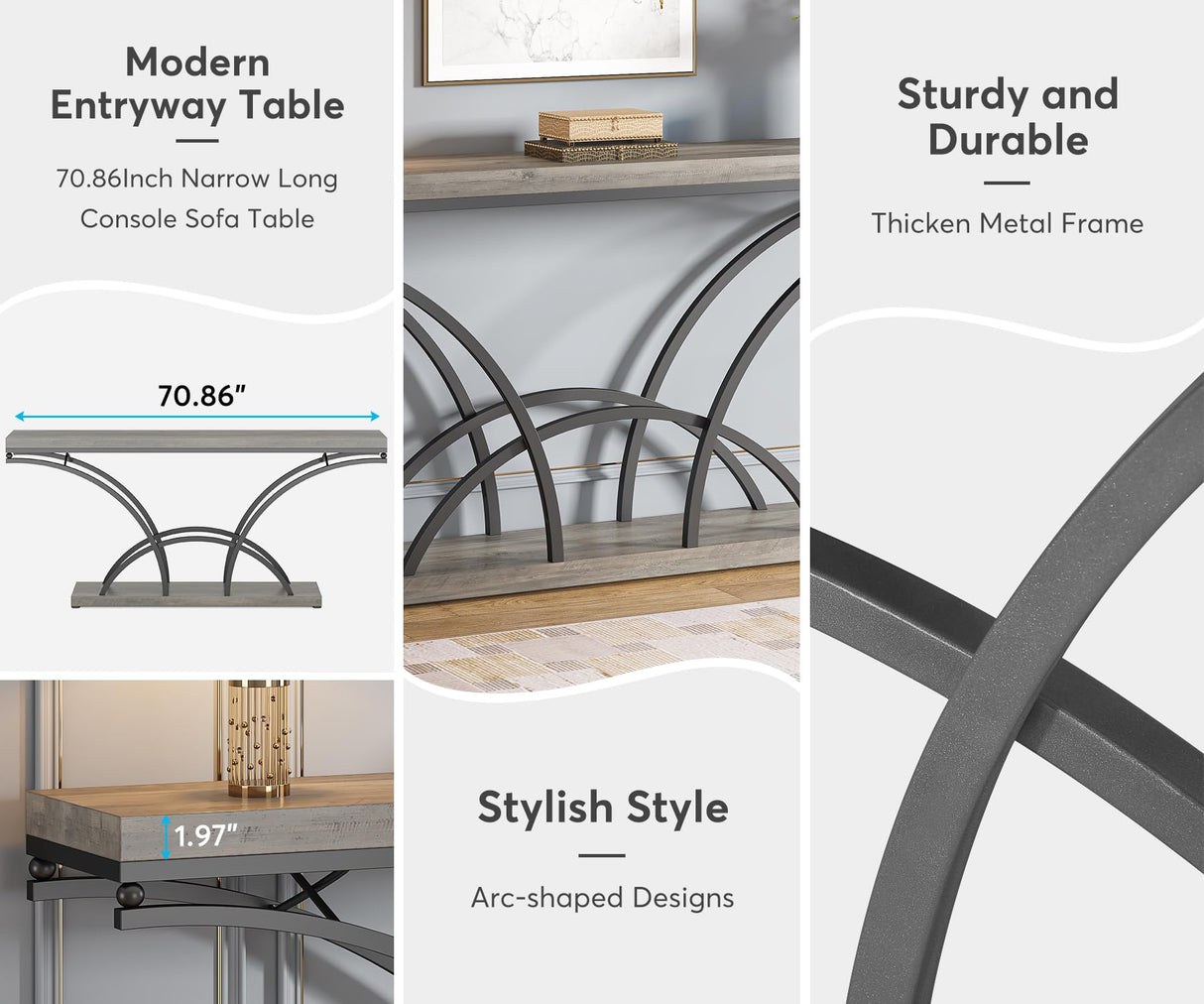 Tribesigns 70.9 Inch Extra Long Console Table for Entryway, Gray Sofa Table with Wood Tabletop, Modern Accent Tables with Half-Moon Shape Legs Tribesigns