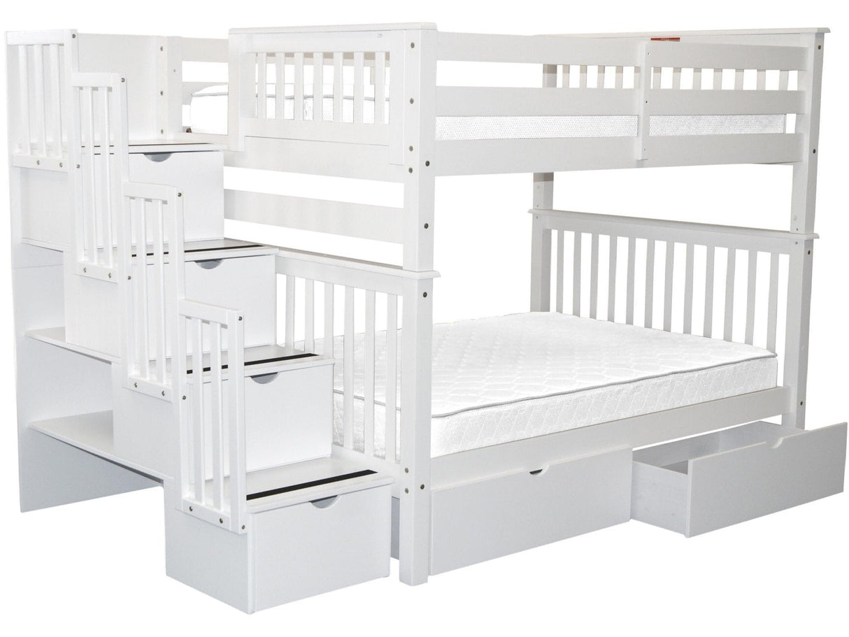 Bedz King Stairway Bunk Beds Full over Full with 4 Drawers in the Steps and 2 Under Bed Drawers, White Bedz King