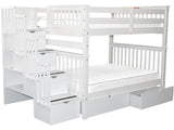 Bedz King Stairway Bunk Beds Full over Full with 4 Drawers in the Steps and 2 Under Bed Drawers, White Bedz King