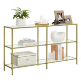 VASAGLE 51.2 Inch Console Table with 3 Shelves, Sofa Table, Entryway Table, Metal Frame, Tempered Glass Shelf, Modern Style, for Entryway Living Room Bedroom, Metallic Gold and Transparent ULGT024A01 VASAGLE