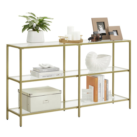VASAGLE 51.2 Inch Console Table with 3 Shelves, Sofa Table, Entryway Table, Metal Frame, Tempered Glass Shelf, Modern Style, for Entryway Living Room Bedroom, Metallic Gold and Transparent ULGT024A01 VASAGLE