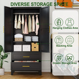 winiowa Metal Armoire Wardrobe Closet with 2 Drawers, 71" Wardrobe Cabinet with Adjustable Shelves and Hanging Rod, Clothing Storage Cabinet Closet with Mirror for Bedroom-Black winiowa