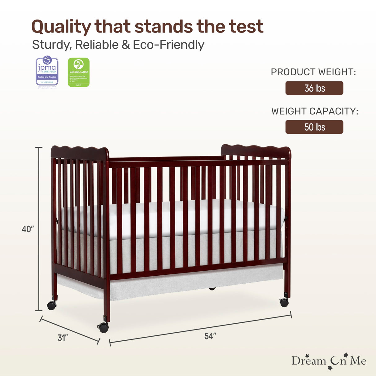 Dream On Me Carson Classic 3-In-1 Convertible Crib In Espresso, Made Of Sustainable Pinewood, Non-Toxic Finish, Comes With Locking Wheels, Wooden Nursery Furniture Dream On Me