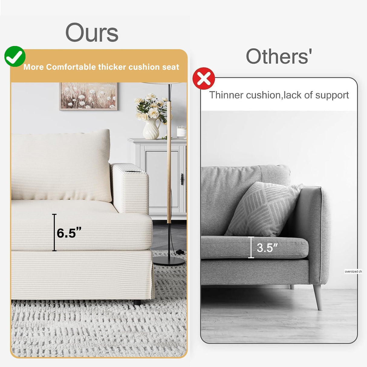 ASAHREE 47'' Mid Century Oversized Reading Armchair Sofa, Corduroy 2 Seater Upholstered Loveseat Couch with 2 Cup Holder, Comfy Modern Accent Chair for Bedroom, Living Room (Corduroy Cream White) ASAHREE