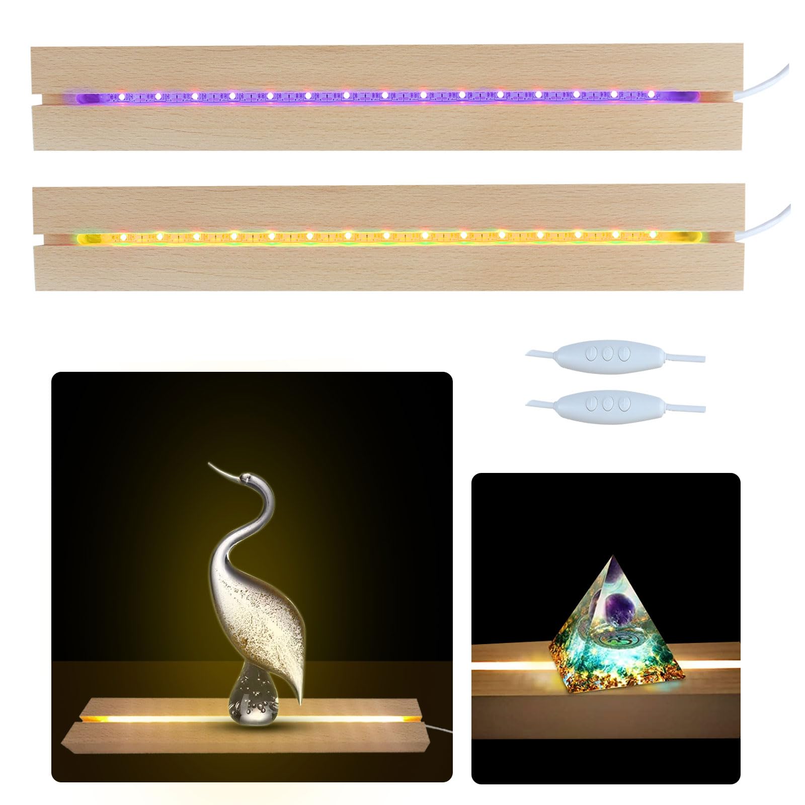 2 Pcs 11.81 Inch Wooden LED Light Display Pedestal, Wooden Rectangle LED Lights Display Base for Acrylic and Plexiglass,Night LED Light Lamp Base with USB Switch (7 Color) - WoodArtSupply