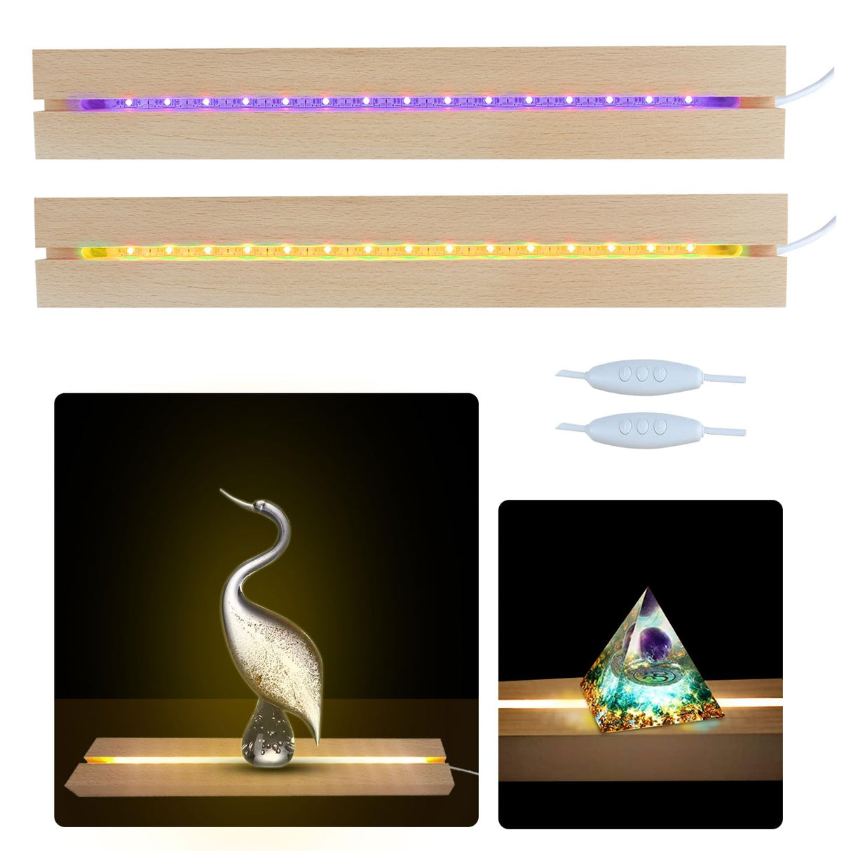 Homimor 2pcs 11.81 Inch Wooden LED Light Display Pedestal, Wooden Rectangle LED Lights Display Base for Acrylic, Crystal Light Base Stand for Crystal Display Glass Art Homimor