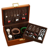 LIBOLXSP Solid Walnut Wood Jewelry Box with Lock,2 Layer Velvet Lined for Earrings Rings Necklaces Bracelets Watches,Both Style and Security, for Men Women,Vintage Brown LIBOLXSP