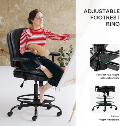 COLAMY Leather Drafting Chair-Tall Office Chair 275lbs,Standing Desk Chair with Adjustable Footrest Ring,High Office Counter Height Desk Chair Black