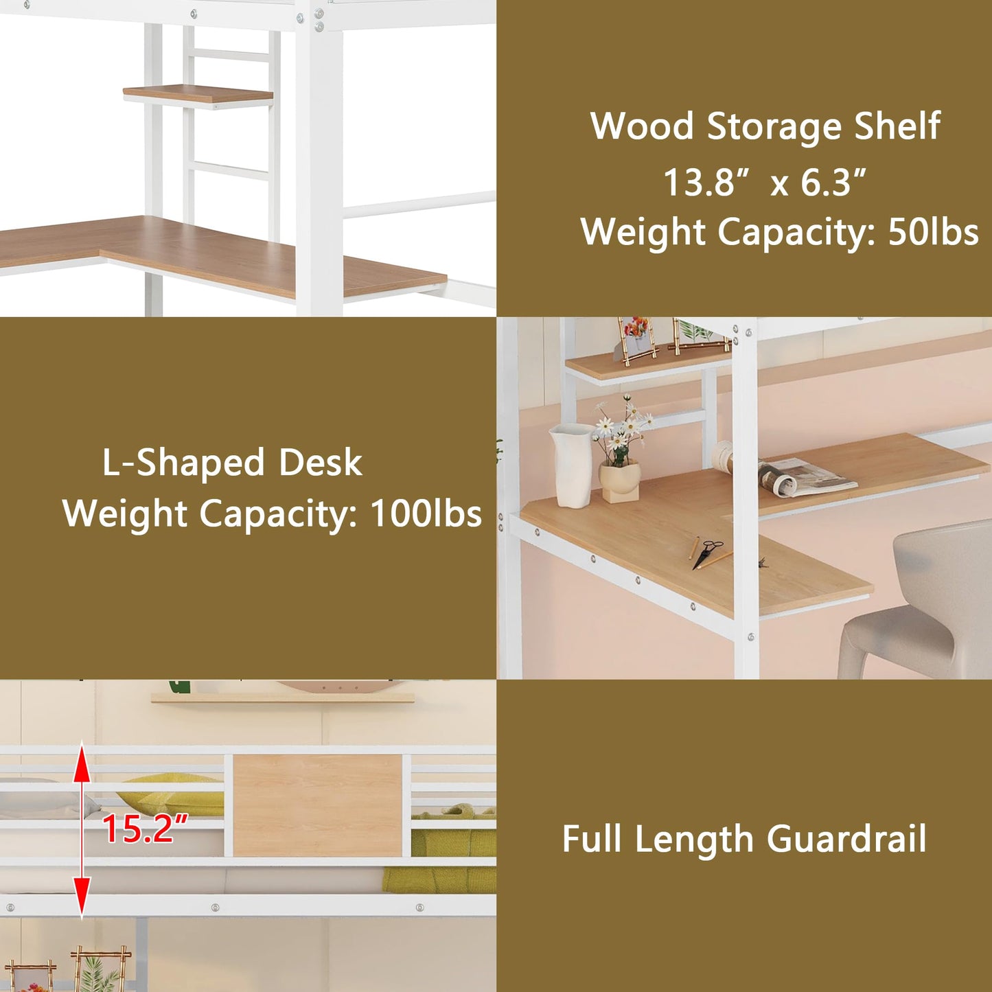 Twin Loft Bed with Desk and Storage Shelf, Metal Loft Bed Twin Size, Kids Loft Bed with Build in Ladder and Guardrails, Twin Loft Bed White