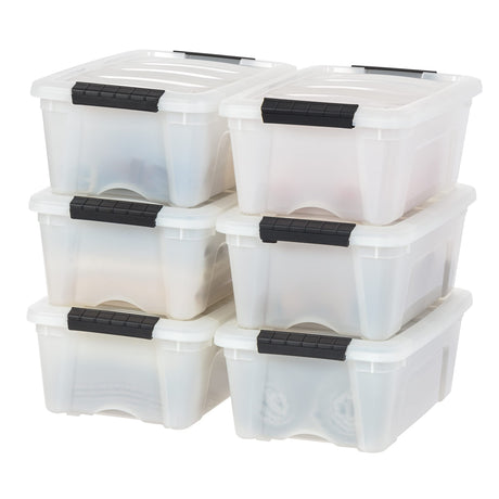 IRIS USA 13 Qt Stackable Plastic Storage Bins with Lids, 6 Pack - BPA-Free, Made in USA - Discreet Organizing Solution, Latches, Durable Nestable Containers, Secure Pull Handle - Pearl Iris Ohyama