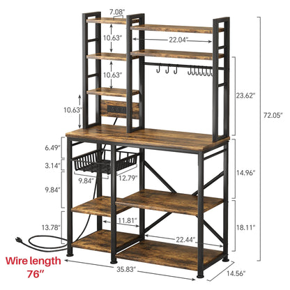 Baker Rack with Power Outlet - Large Microwave Stand with Storage, Kitchen Coffee Bar Station, Rustic Brown and Black, 14.5" D x 36" W x 72" H