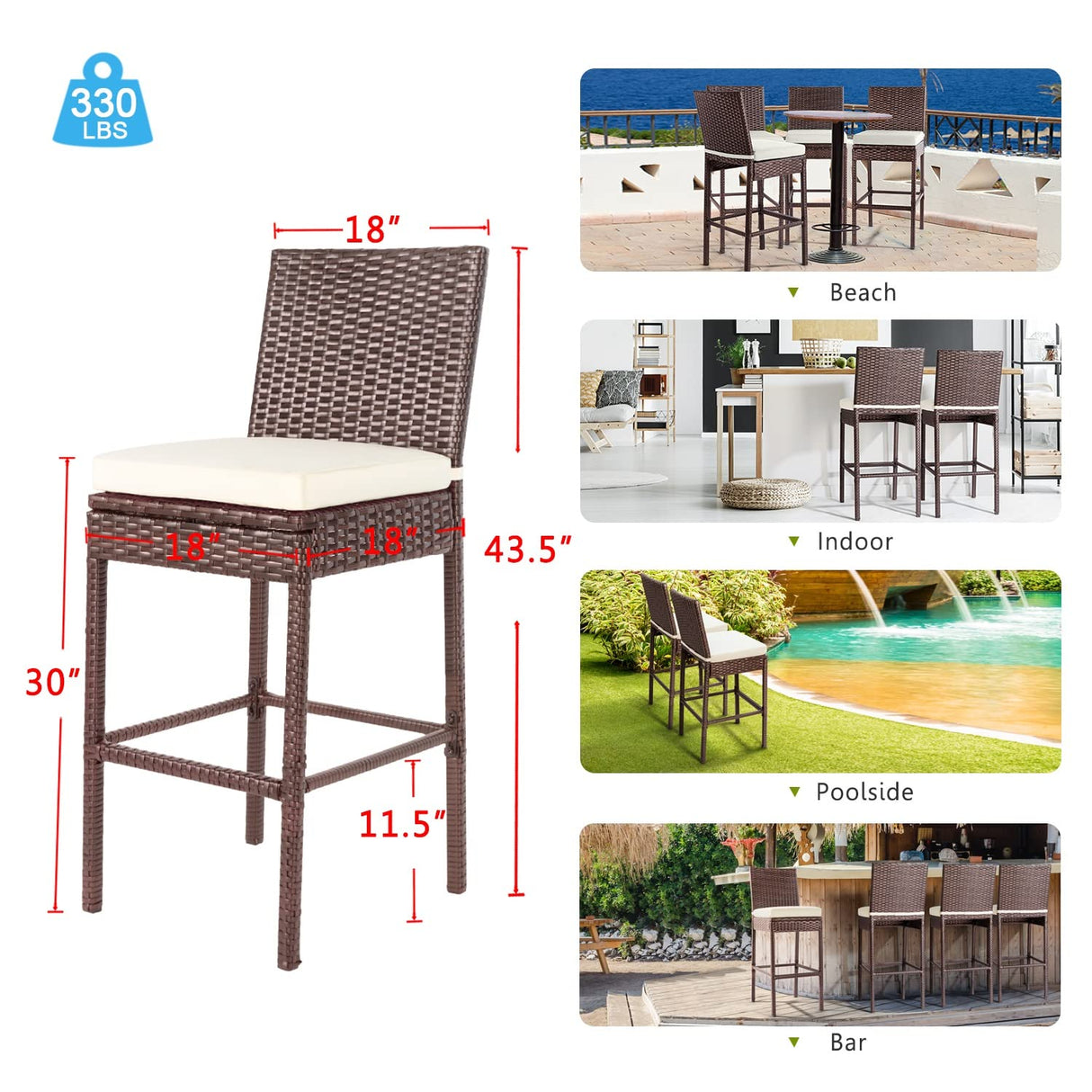 Outdoor Bar Stools Wicker Woven Patio Stools & Patio Bar Chairs Set of 4 Counter Bar Height Stools with Footrest Armless Cushion Beige All Weather Rattan Garden Stool for Pool Lawn Porch Backyard Patio Novagarden
