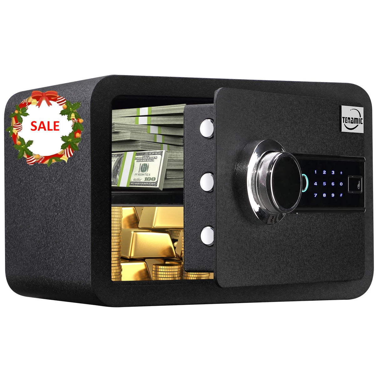 Tenamic Biometric Fingerprint Safe Box 0.85 Cubic Feet Fireproof Waterproof Safe Box with Induction Light and Leather, Solid Alloy Steel Office Hotel Home Cabinet Safe, Black Tenamic