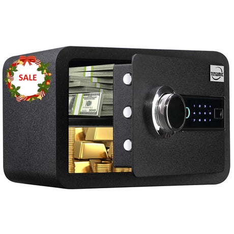 Tenamic Biometric Fingerprint Safe Box 0.85 Cubic Feet Fireproof Waterproof Safe Box with Induction Light and Leather, Solid Alloy Steel Office Hotel Home Cabinet Safe, Black Tenamic