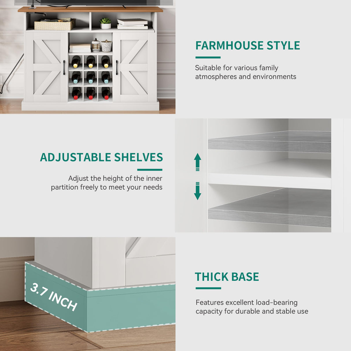 YITAHOME Buffet Cabinet, 47" Farmhouse Coffee Bar with Power Outlet, Floating Shelves, Multi-Functional Storage Sideboard Cabinet for Kitchen and Living Room (White) YITAHOME