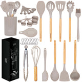 Home Hero 33 Pcs Kitchen Cooking Utensils Set, Non-Stick Silicone Cooking Kitchen Utensils Spatula Set with Holder, Wooden Handle Silicone Kitchen Gadgets Utensil Set (33 Pcs - Khaki) Home Hero