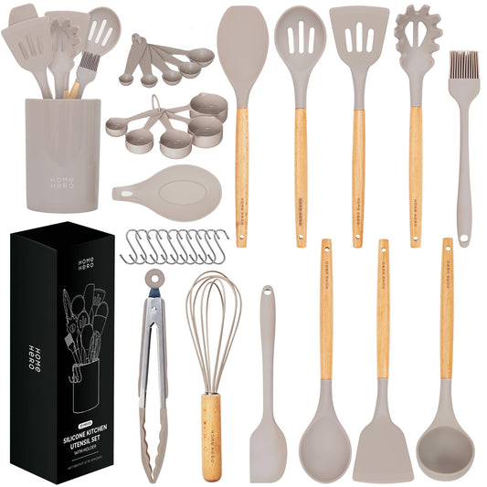 Home Hero 33 Pcs Kitchen Cooking Utensils Set, Non-Stick Silicone Cooking Kitchen Utensils Spatula Set with Holder, Wooden Handle Silicone Kitchen Gadgets Utensil Set (33 Pcs - Khaki)