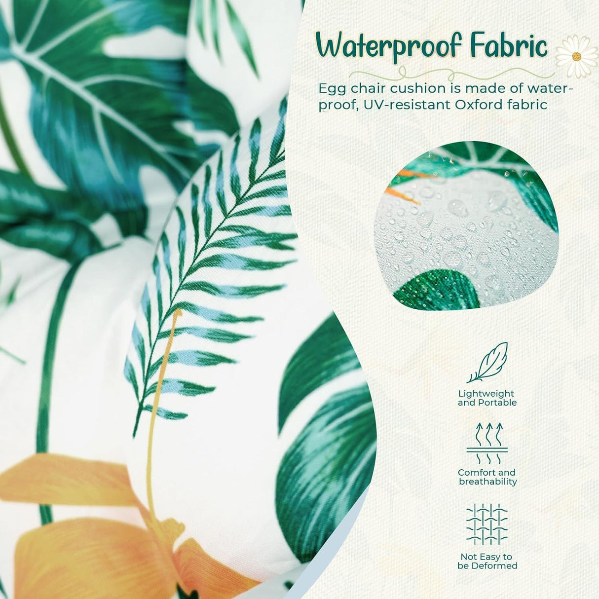 Uthem Waterproof Egg Chair Cushion Replacement Outdoor Hanging Egg Chair Cushion 47x35x7 Inches Thicken Chair Cushions with Ties, Yellow-Green Leaf Uthem