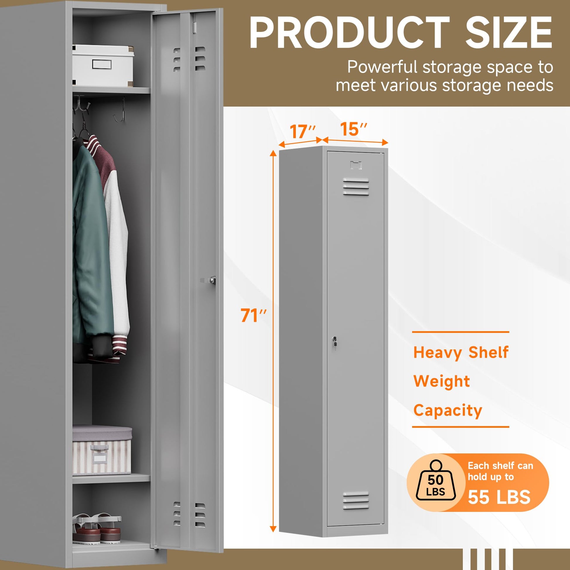 Topass Metal Lockers for Employees with Keys, 71" Tall Steel Storage Cabinet with Lockable Door, Metal Storage Locker for School Office Gym (1-Door, Grey) - WoodArtSupply