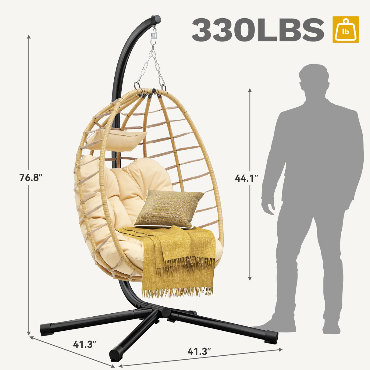 DWVO Egg Hanging Swing Chair with Stand Egg Chair Wicker Indoor Outdoor Hammock Egg Chair with Cushions 330lbs for Patio, Bedroom, Garden and Balcony, Beige DWVO