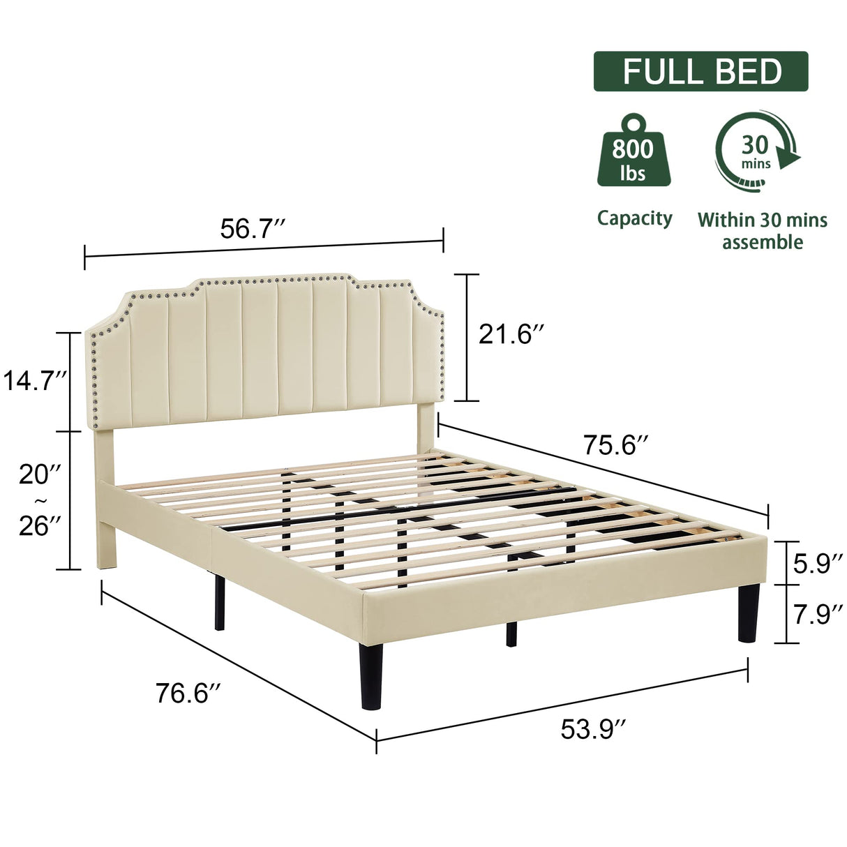 VECELO Full Upholstered Platform Bed Frame with Tufted Adjustable Headboard/Mattress Foundation/Wood Slat Support,Easy Assembly,Beige VECELO