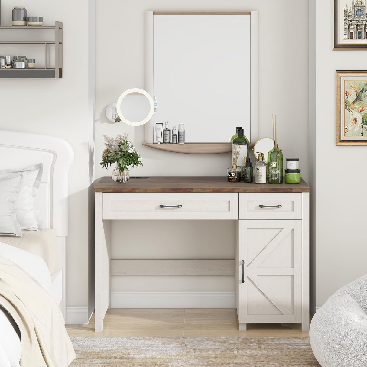 Farmhouse 47" Executive Desk, Computer Desk with Drawers and Storage Cabinet, Workstation Computer Desk for Home Office and Study, Unique White Vabches