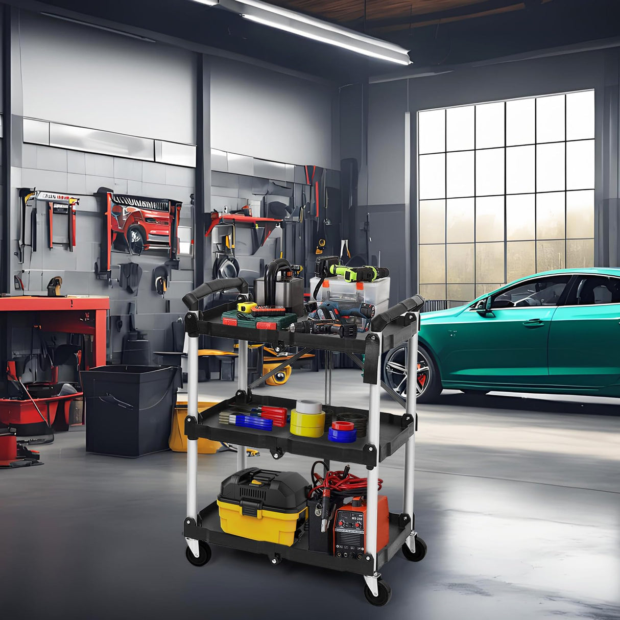 3 Tier Folding Rolling Utility Cart, Portable Collapsible Service Cart, 165 Lbs, Foldable Tool Cart with Dual Ergonomic Handles, Wheels for Warehouse, Home, Restaurant, Black EliteEdge