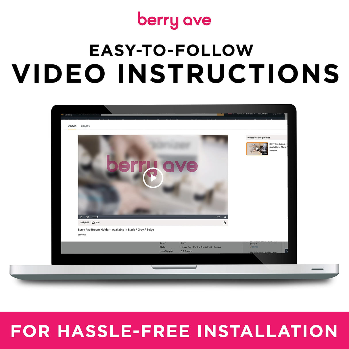 Berry Ave Broom Holder & Wall Mount Garden Tool Organizer - Home Laundry Room, Kitchen, Closet, Shed, Garage Organization and Storage Utility Rack - 5 Slots & 6 Hooks -Rake, Shovel, Mop Hanger (Black) Berry Ave