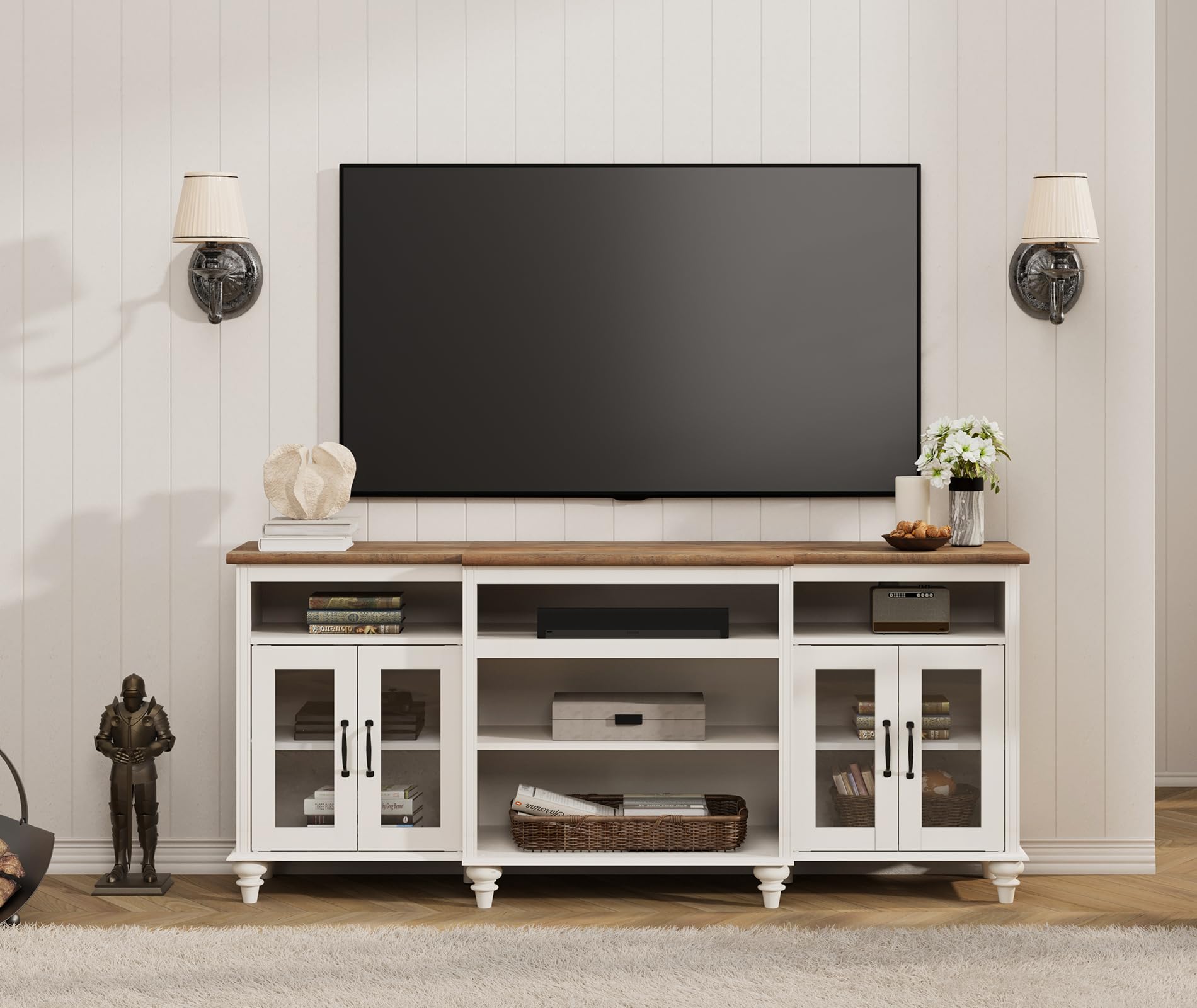 WAMPAT Farmhouse TV Stand for TVs Up to 75 inch, 4-Door Glass and Wood Universal TV Console with 9 Storage Cabinets, White Entertainment Center Table for Living Room Bedroom，White 70'' - WoodArtSupply