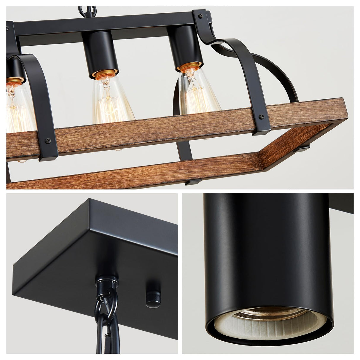 WUZUPS 5-Light Metal Chandelier Imitation Wood Grain Linear Pendant Ceiling Lighting Rustic Farmhouse Fixture Kitchen Island Dining Room, H 8.5" L 31.5" W10, E26 Base, Black & Retro Wood WUZUPS