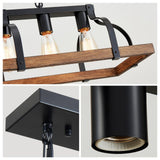 WUZUPS 5-Light Metal Chandelier Imitation Wood Grain Linear Pendant Ceiling Lighting Rustic Farmhouse Fixture Kitchen Island Dining Room, H 8.5" L 31.5" W10, E26 Base, Black & Retro Wood WUZUPS