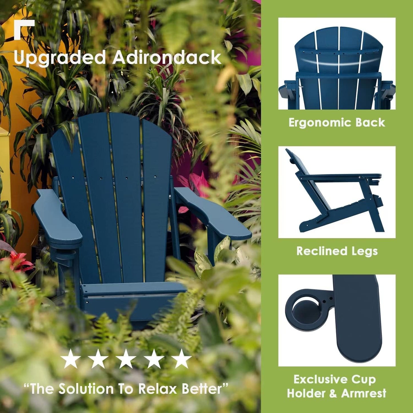 GREENVINES Folding-Adirondack-Chairs-Set-of-2 | HDPE Plastic | Fire Pit Chair | All Weather | Cup Holder | Blue | for Deck Backyard Patio Outdoor Garden - WoodArtSupply