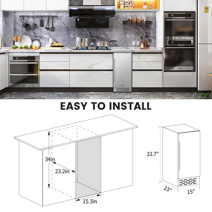 15 Inch Beverage Refrigerator, Weather Proof Stainless Steel Beverage Fridge, Under Counter Beer Mini Fridge, Indoor/Outdoor Refrigerator for 130 Cans, Beverage Cooler for Patio & Kitchen