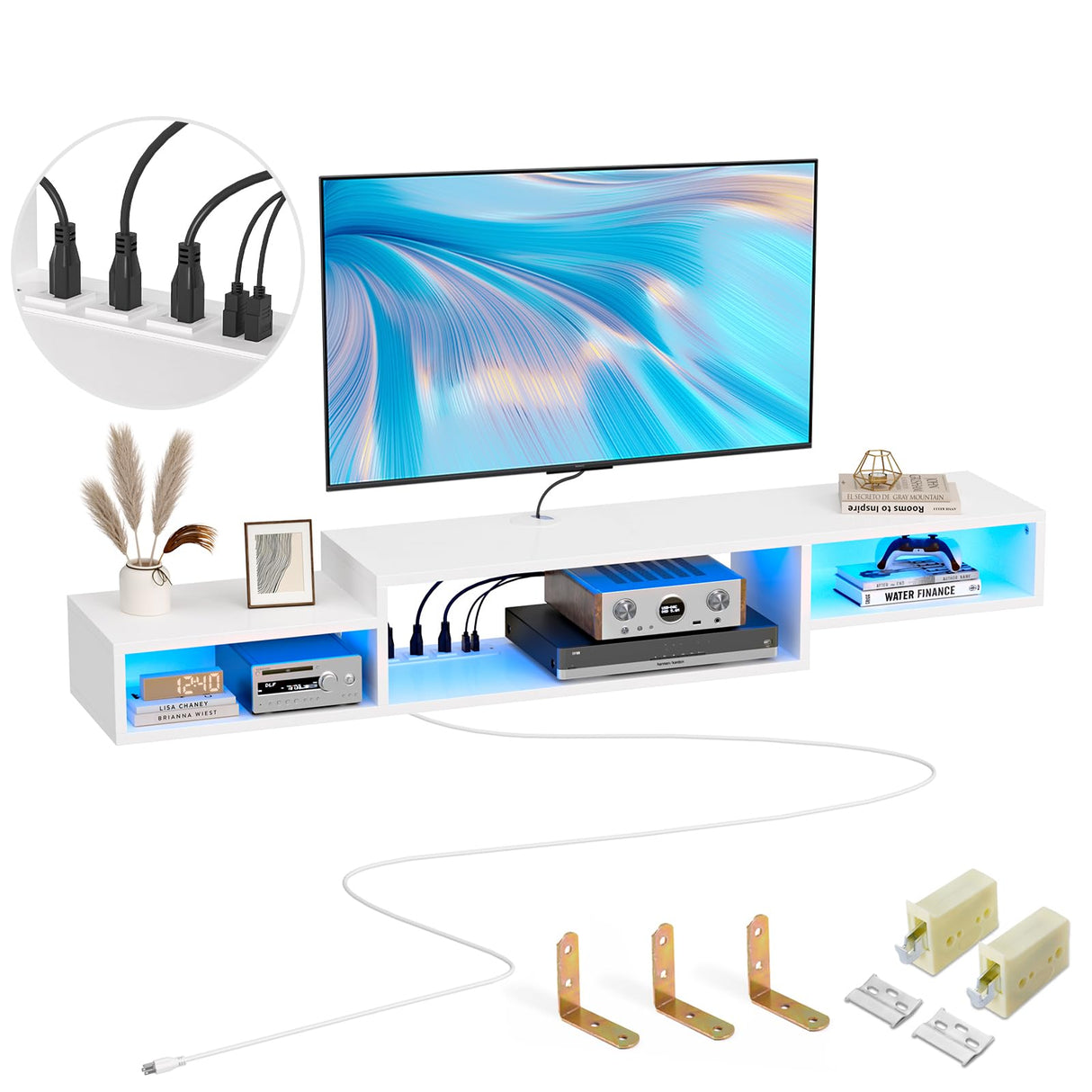 FABATO 59'' Floating TV Stand with LED Light Power Outlet, Floating Shelf for Under TV Wall Mount with Storage Shelf, Media Console Entertainment Center for Living Room, White FABATO