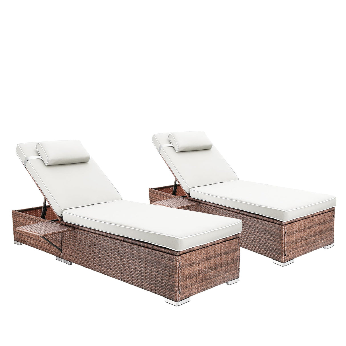 Rophefx Outdoor PE Wicker Patio Lounge Chairs Set of 2, Outside Rattan Pool Lounge Chair with Cup Holder & Adjustable Backrest, Brown Rattan Recliners for Poolside Deck Beach Yard (White Cushions) Rophefx