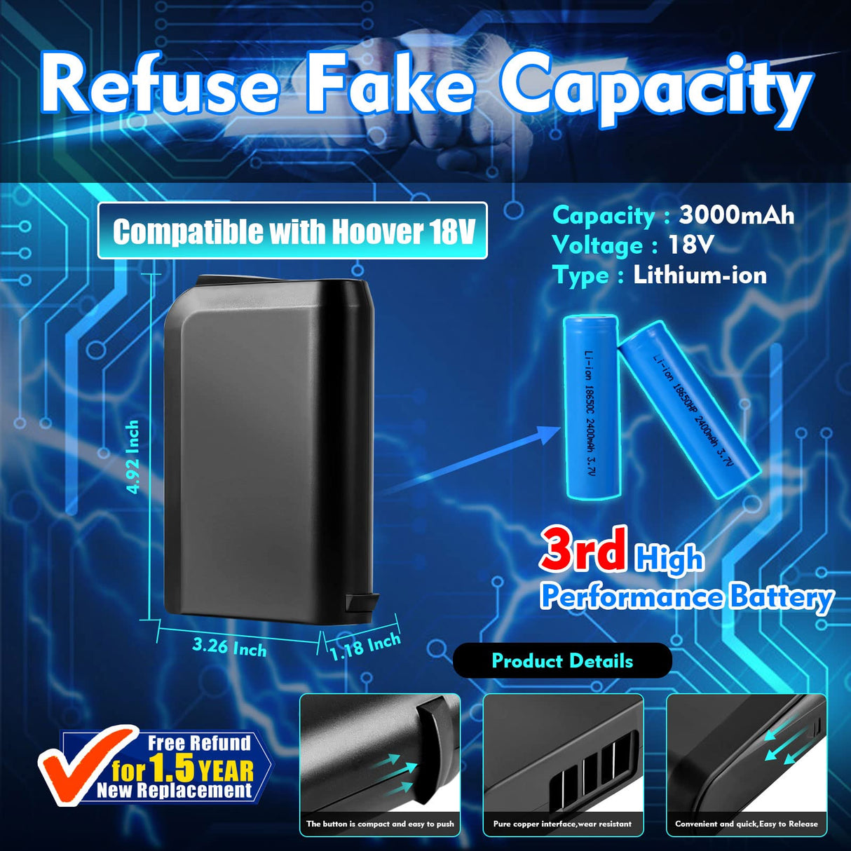 CaliHutt 【Upgrade Li-ion】 18V 3.0Ah Lithium-ion Battery Replacement for Hoover Linx 18V Battery BH50000 302723001 BH50015 BH50010 BH50020 Cordless Stick Vacuum CaliHutt