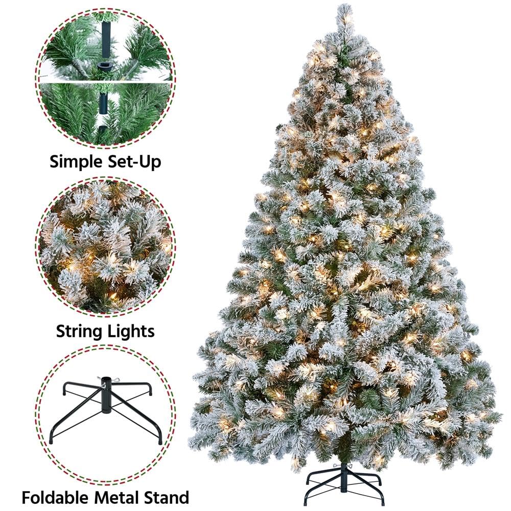 Yaheetech 6ft Pre-lit Artificial Christmas Tree with Incandescent Warm White Lights, Snow Flocked Full Prelighted Xmas Tree W/820 Branch Tips, 250 Incandescent Lights & Foldable Stand, Green & White