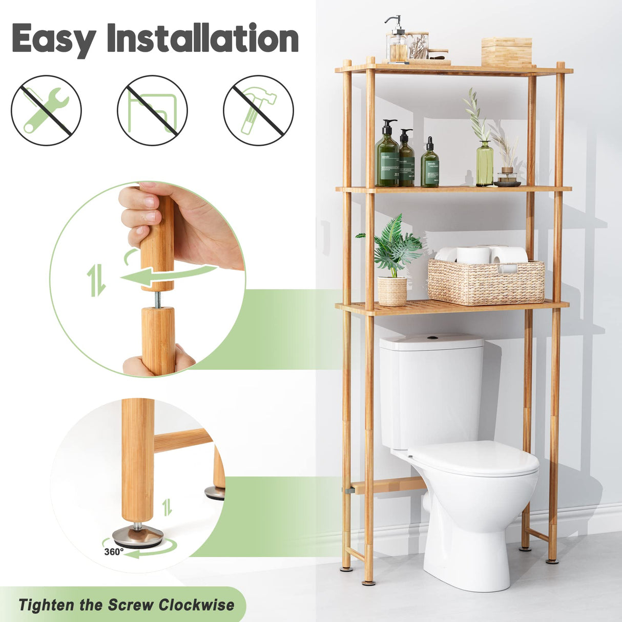 AmazerBath Over The Toilet Storage Shelf Bamboo, 3-Tier Over Toilet Organizer Rack, Freestanding Above Toilet Shelf for Bathroom, Laundry, Space Saver, Natural Color AmazerBath