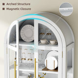 Vlsrka 71 Inch Arched Curio Cabinet, 4-Tier Display Cabinet and 2 Drawers, Tall Bookcase with 3 Color Lights, Display Case with Glass Doors, Kitchen Pantry, White Vlsrka