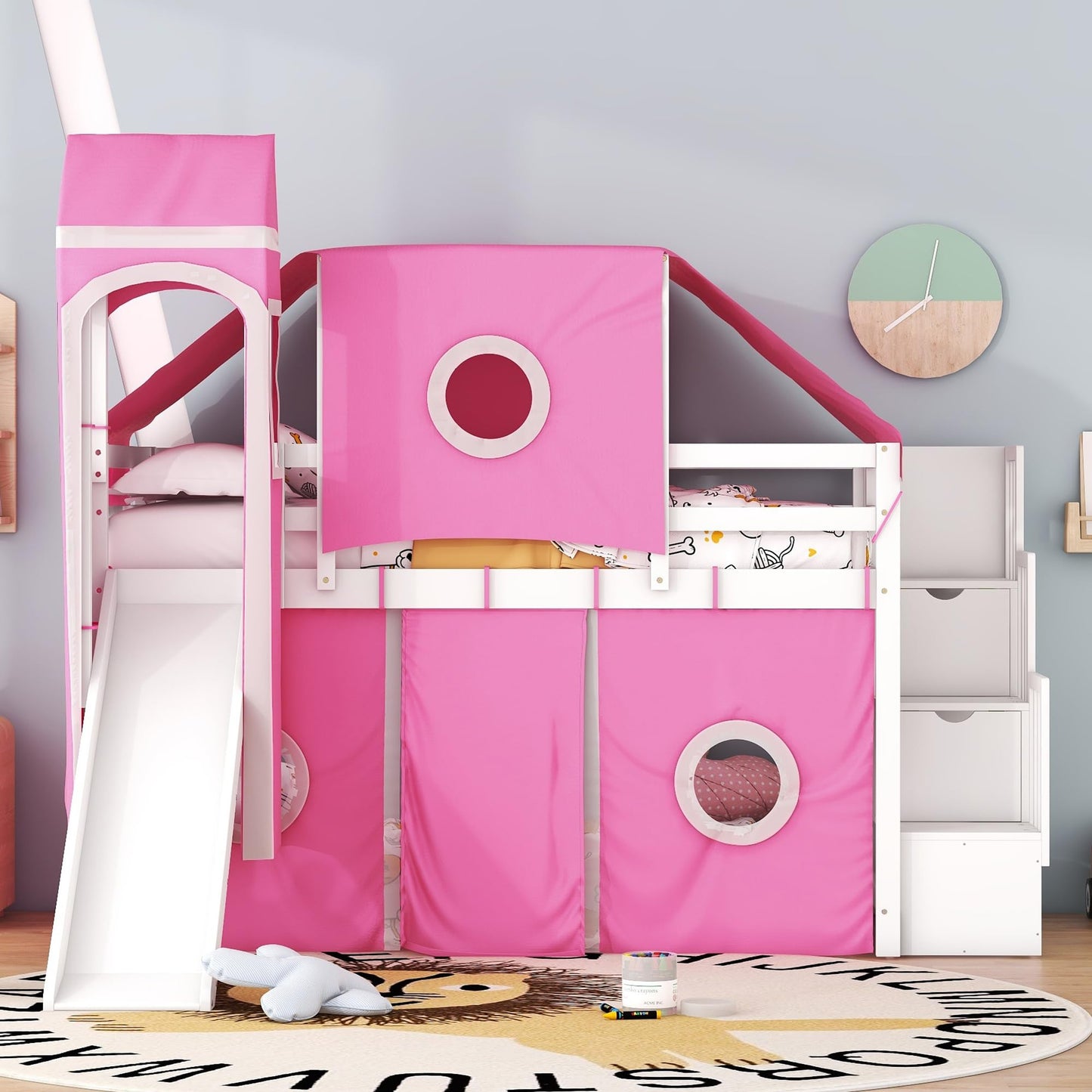 Harper & Bright Designs House Loft Bed with Slide and Storage Stairs, Wood Kids Loft Bed with Tent and Tower, Playhouse Loft Bed Frame for Kids, Teens (Twin Size, Pink)