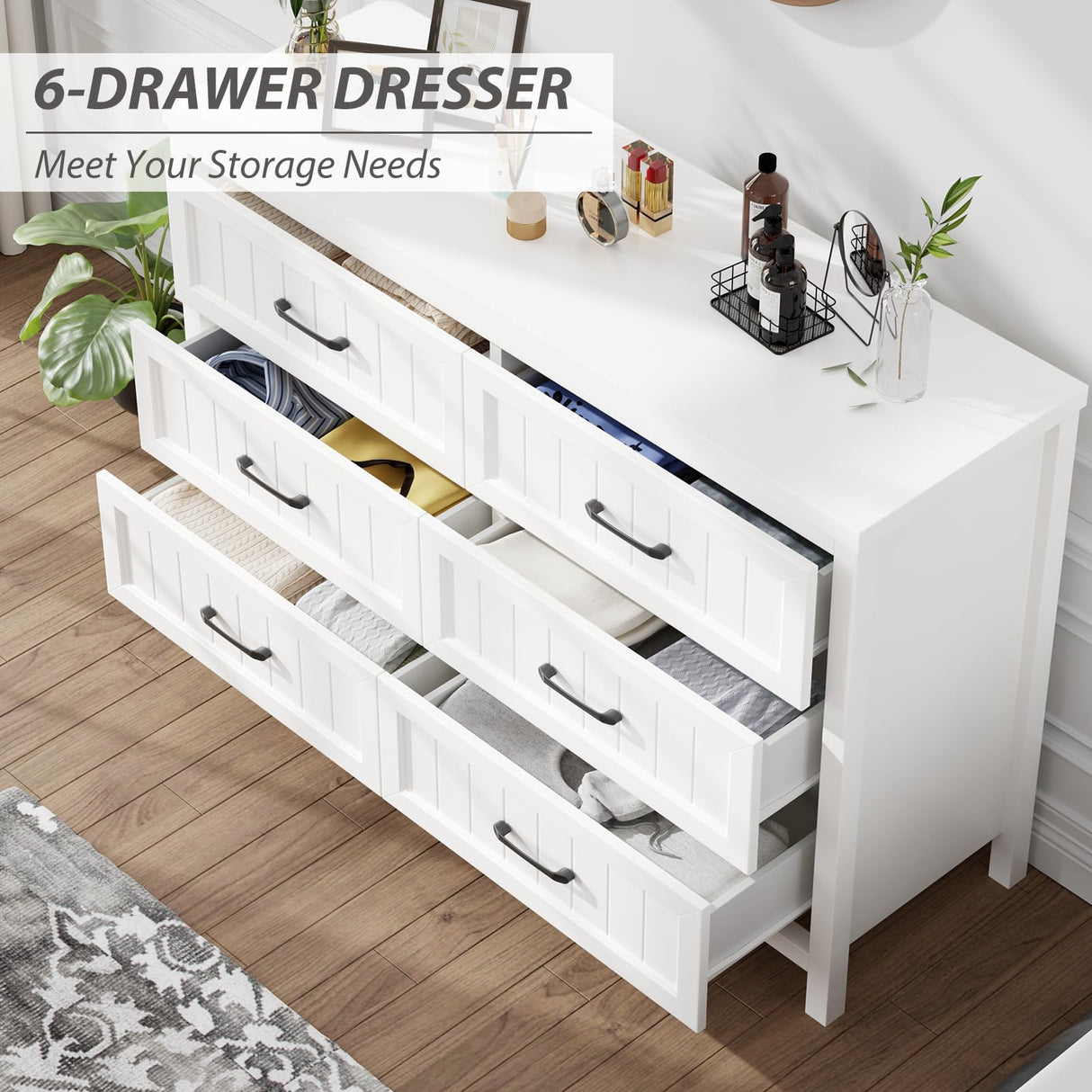 Jocoevol 6 Drawer Dresser for Bedroom, Farmhouse Dresser with Deep Drawers, Large White Dresser Wooden Double Dresser Chest of Drawers for Living Room, Hallway, Entryway (White, 6 Drawer) Jocoevol