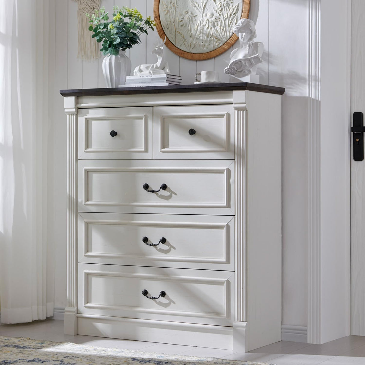 Aitjunz Farmhouse 5 Drawers Dresser for Bedroom, 46" Tall Dressers & Chests of Drawers w/Roman Column, Large Storage Dressers Organizer for Bedroom, Hallway, Living Room, White Aitjunz
